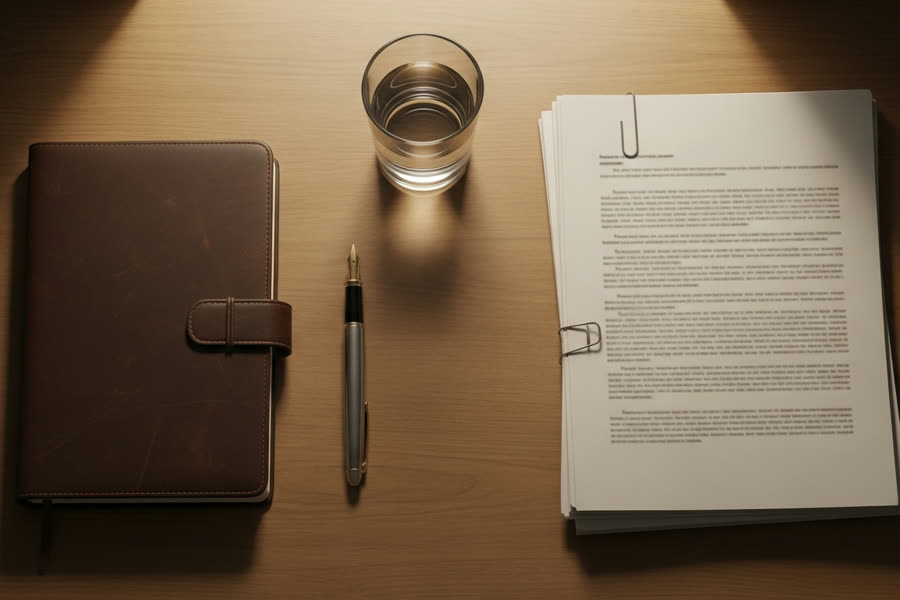 Contrato sobre un escritorio junto a una pluma